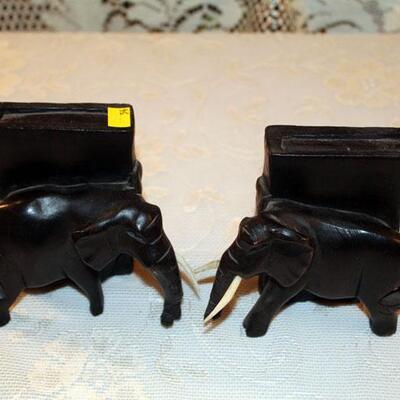 Carved wood Elephant bookends, 4 1/2