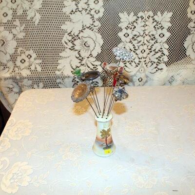 Vintage porcelain hat pin stand with 11 hat pins (#56)