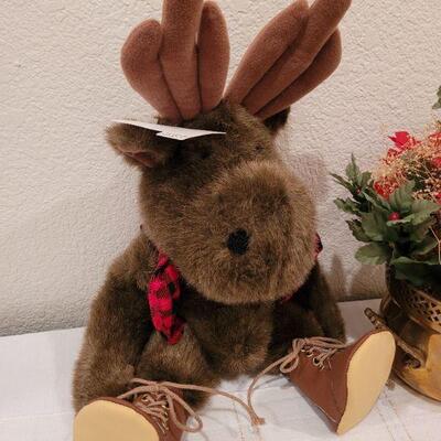 Lot 705: Brass Planter w/ Artificial Bouquet and Stuffed Christmas Moose