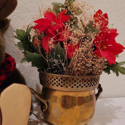 Lot 705: Brass Planter w/ Artificial Bouquet and Stuffed Christmas Moose