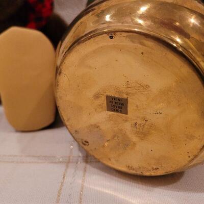 Lot 705: Brass Planter w/ Artificial Bouquet and Stuffed Christmas Moose