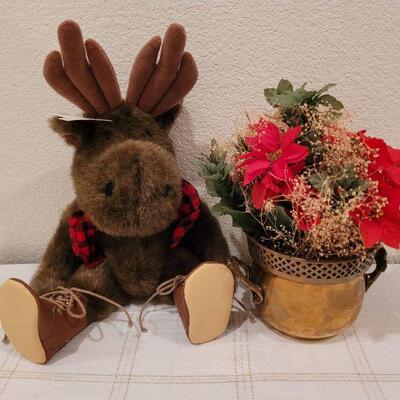 Lot 705: Brass Planter w/ Artificial Bouquet and Stuffed Christmas Moose