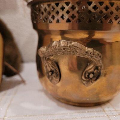 Lot 705: Brass Planter w/ Artificial Bouquet and Stuffed Christmas Moose