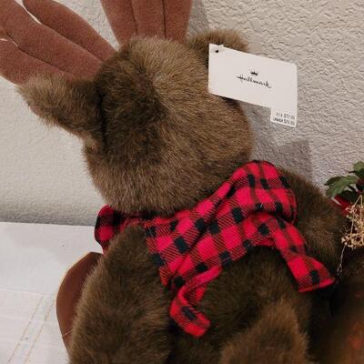 Lot 705: Brass Planter w/ Artificial Bouquet and Stuffed Christmas Moose