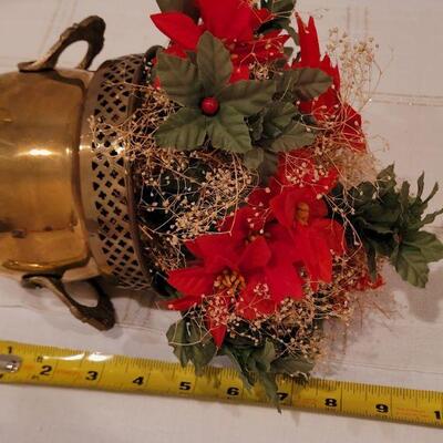 Lot 705: Brass Planter w/ Artificial Bouquet and Stuffed Christmas Moose