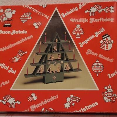 Lot 720: Vintage Wood Christmas Tree w/ Figures ðŸŽ„ and Christmas Ornaments 