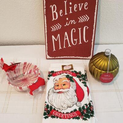 Lot 754: New Holiday Cheer- Candle, Hand Towels, Bowl & Spreader and Sign/Picture