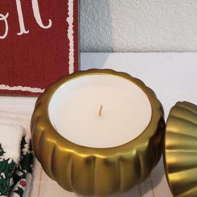 Lot 754: New Holiday Cheer- Candle, Hand Towels, Bowl & Spreader and Sign/Picture