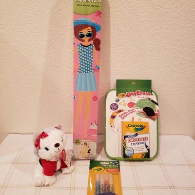 Lot 764: New Movable Fashion Decorations, "Bell" Plushie, Dry Erase Board/Art Supplies 