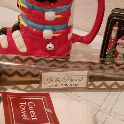 Lot 769:  New Christmas Cheer Lot (Platter, Hand Towels, Mug, Candle Snuffer & Small Tin)
