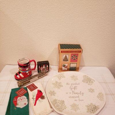 Lot 769:  New Christmas Cheer Lot (Platter, Hand Towels, Mug, Candle Snuffer & Small Tin)