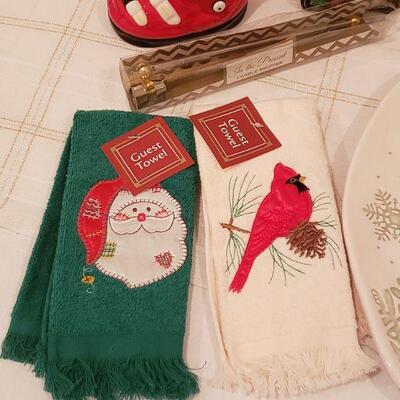 Lot 769:  New Christmas Cheer Lot (Platter, Hand Towels, Mug, Candle Snuffer & Small Tin)