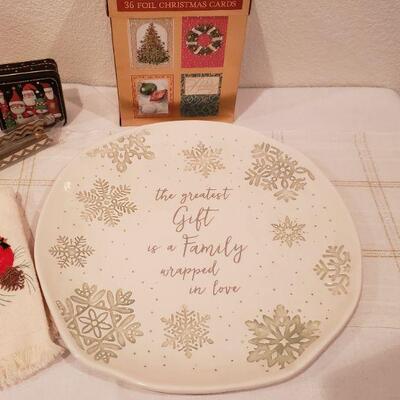 Lot 769:  New Christmas Cheer Lot (Platter, Hand Towels, Mug, Candle Snuffer & Small Tin)