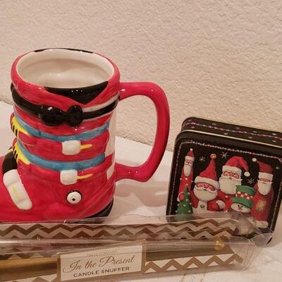 Lot 769:  New Christmas Cheer Lot (Platter, Hand Towels, Mug, Candle Snuffer & Small Tin)