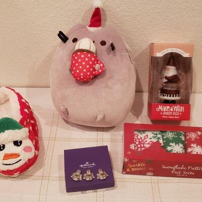 Lot 772:  New Snowman Slippers, (3) Snowman Charms, Snowflake Socks, Santa Wish Box, Cat Plushie 