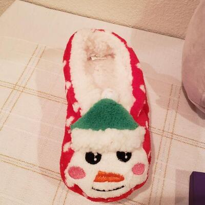 Lot 772:  New Snowman Slippers, (3) Snowman Charms, Snowflake Socks, Santa Wish Box, Cat Plushie 