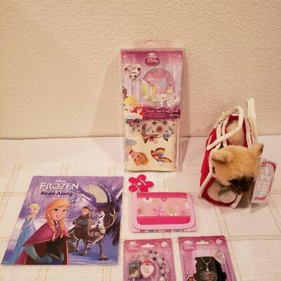 Lot 775: NEW Disney (2) Jewelry, Activity Pad, Wallet, Disney Wall Decorations & Kitty in a Carrier 