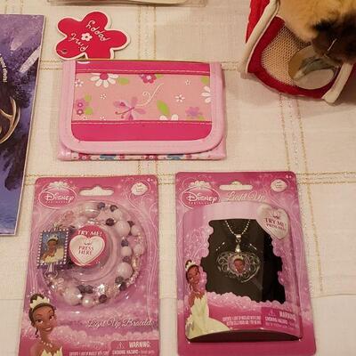 Lot 775: NEW Disney (2) Jewelry, Activity Pad, Wallet, Disney Wall Decorations & Kitty in a Carrier 