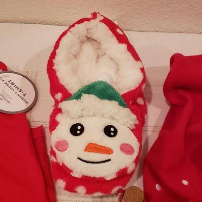 Lot 777: NEW Hallmark Snowman Light Up Scarf, Snowman Slippers & Hallmark Shirt
