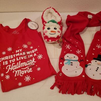 Lot 777: NEW Hallmark Snowman Light Up Scarf, Snowman Slippers & Hallmark Shirt
