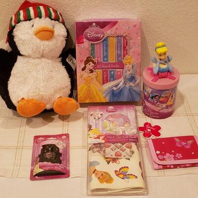 Lot 782:  NEW Disney Princess Jewelry, Decorations, Books, Puzzle- Butterfly Wallet and Penguin Plushie
