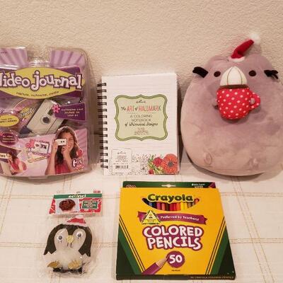 Lot 789: NEW Video Journal, Cat Plushie, Coloring book Journal, Colored Pencils & Penguin Hair Decoration