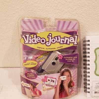Lot 789: NEW Video Journal, Cat Plushie, Coloring book Journal, Colored Pencils & Penguin Hair Decoration