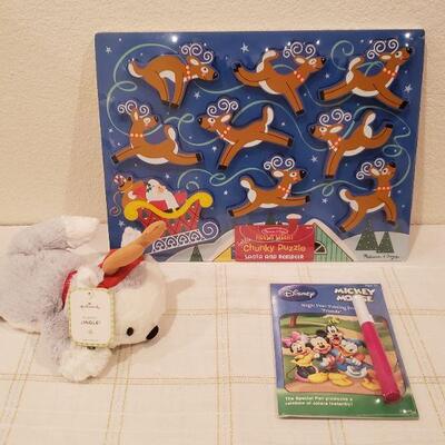 Lot 790: New Melissa & Doug Wood Puzzle, Mickey Mouse Activity Pad & "Jingle" Plushie 
