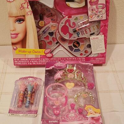 Lot 797:  New Barbie Make up Center, Disney Princess Tiara & Jewelry & Lip Gloss