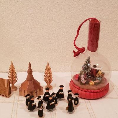 Lot 799: Vintage Christmas Bottle Scene, Wood Choir, Church, House & Trees