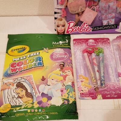 Lot 813:  NEW Barbie Clothes, Disney Princess Activity Pad, Pens, Lip Gloss & Bands Bracelets 