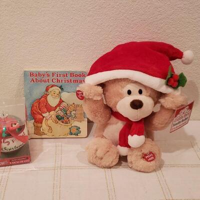 Lot 817: New Cuddle Barn Peek a Boo Bear, Baby's 1st Christmas Ornament and Book