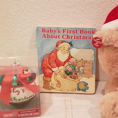 Lot 817: New Cuddle Barn Peek a Boo Bear, Baby's 1st Christmas Ornament and Book