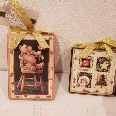 Lot 819: New Holiday Candle, Peppermint Bowl/Spreader and (2) Holiday Decorative Pictures