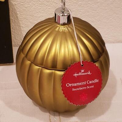 Lot 819: New Holiday Candle, Peppermint Bowl/Spreader and (2) Holiday Decorative Pictures