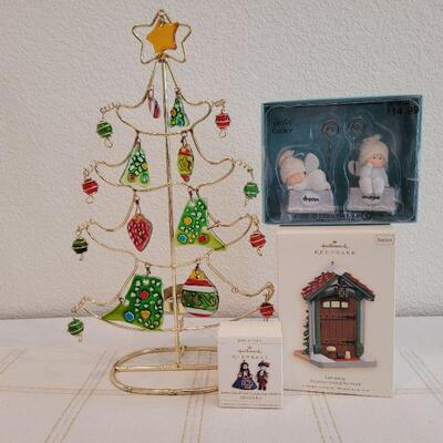 Lot 824: Assorted Hallmark and Dept 56 Ornaments w/ Metal Christmas Tree