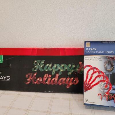 Lot 825: HAPPY HOLIDAYS Lit Sign + Candy Cane lights