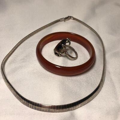 Lot 113 - Sterling Silver Haly Necklace, Sterling Silver Ring with Large Stone and Round Bangle Bracelet