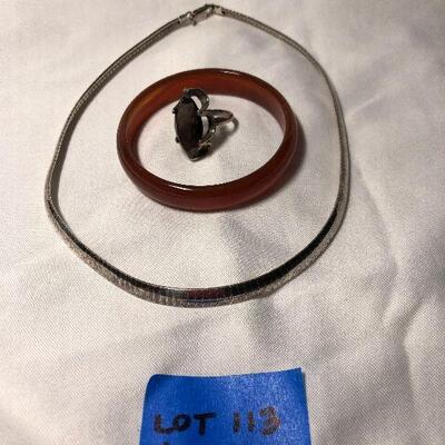 Lot 113 - Sterling Silver Haly Necklace, Sterling Silver Ring with Large Stone and Round Bangle Bracelet