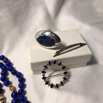 Lot 115 - Sterling Silver Ring, Lapis Lazuli Necklace, Vintage Sterling Silver Pin w/Rhinestones, Sterling Silver Round Pendant with...