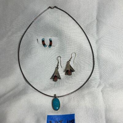 Lot 118 - Turquoise and Sterling Silver Necklace, Sterling Silver Earrings (Signed by Artist) and Sterling Silver Dangle Earrings