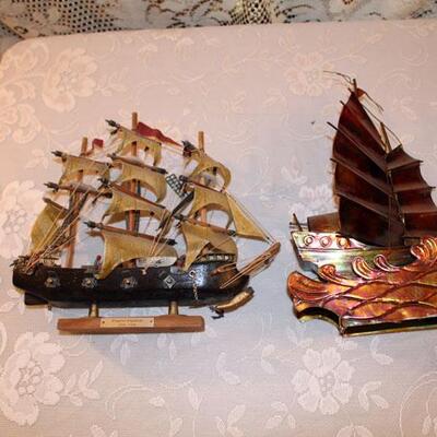 Pair of model boats, one copper with music box (#76)