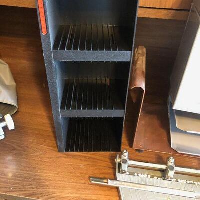 #834 Grouping of Metal Office Items: File holder, paper punch 
