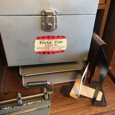 #834 Grouping of Metal Office Items: File holder, paper punch 