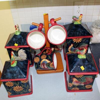 Nine piece Susan Winget rooster theme canister set (#99)