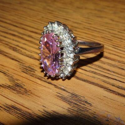 Pink Stone Ring with Rhinestone Accents Size 8.5