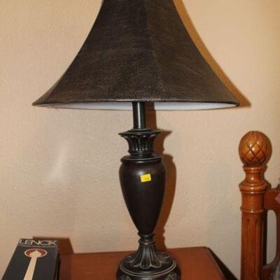 Pair of verdigris finish copper column table lamps, with shades (#110)