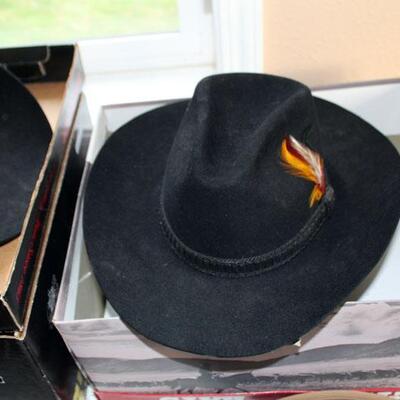 Black Stetson Cowboy Hat with feather, size 7 1/8, with box (#129)