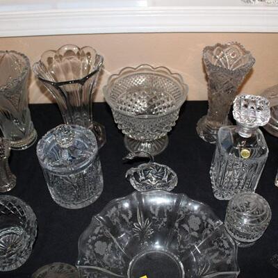 Lot of 57 clear pressed and cut glass items (#148)