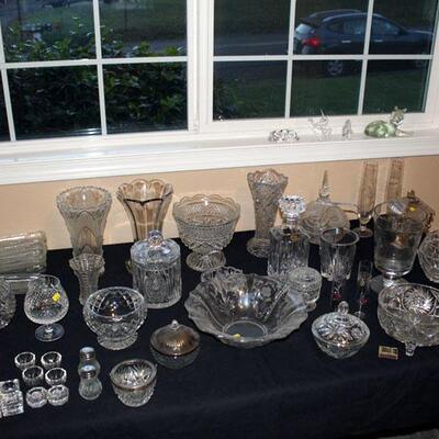 Lot of 57 clear pressed and cut glass items (#148)